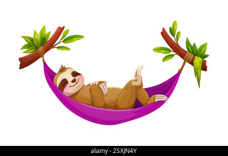 Cartoni animati simpatico e pigro animale, simpatico personaggio tropicale che si rilassa in un'amaca legata tra due rami di alberi con foglie verdi. Vettore isolato p Illustrazione Vettoriale