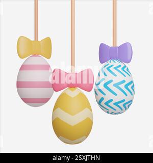 Uovo di Pasqua decorato con bocce colorate, icone dell'uovo di Pasqua. Illustrazione 3D per le feste di Pasqua. Foto Stock