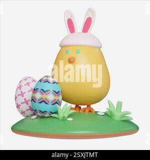Adorabile pulcino pasquale che indossa orecchie conigliette con uova, icone dell'uovo pasquale. Illustrazione 3D per le feste di Pasqua. Foto Stock