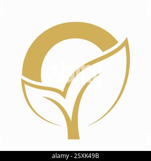 Concetto iniziale del logo Letter o Leaf per modello vettoriale ecologico e biologico Symbol Illustrazione Vettoriale