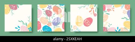 Set di cartoline di Pasqua quadrate. Modelli di scheda in stile singolo. Pianta quadrata di colore beige con uova, fiori ed erbe aromatiche. Post sui social network, poster, volantino Illustrazione Vettoriale