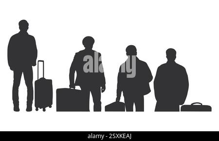 Silhouette dell'uomo che viaggia con la valigetta. Silhouette di Black Man che cammina con custodia per il trasporto. Illustrazione Vettoriale