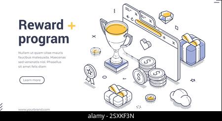 Programma di premi con icone che includono un trofeo, monete e confezioni regalo. Ideale per migliorare il web design. Illu vettoriale modello banner Web isometrico Illustrazione Vettoriale