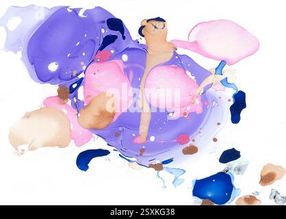 Composizione astratta di macchie caotiche di colori diversi su sfondo bianco. Viola, blu, rosa, color pesca e mousse di moka. Diverse tonalità AN Foto Stock