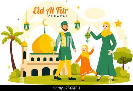 Felice Eid al-Fitr Mubarak illustrazione che presenta una moschea e una celebrazione musulmana in questo giorno speciale, portando pace e felicità a tutti Illustrazione Vettoriale