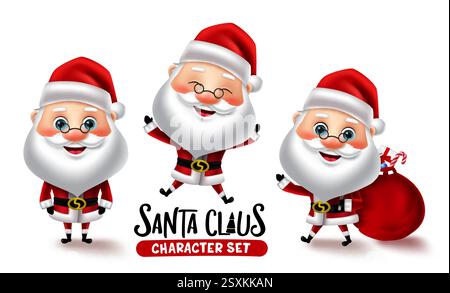 Set di vettori di personaggi di Babbo Natale. Personaggi di babbo Natale in posa e gesti diversi isolati su sfondo bianco per il cartone animato natalizio Illustrazione Vettoriale