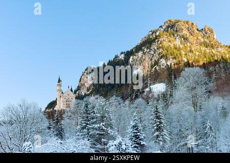 Enchanting Winter Wonderland Family Stroll Along Snowy Path Towards Majestic European NEUSCHANSTEIN CASTLE Capturing Magical Fairytale Atmosphere in P Foto Stock