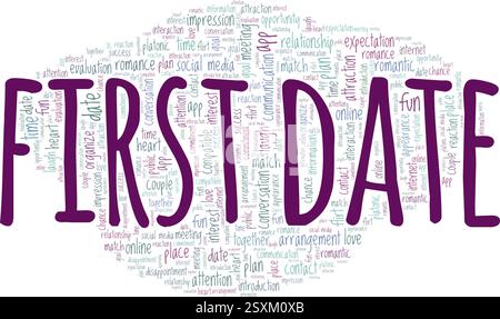 Illustrazione vettoriale della prima data, nuvola di parole isolata su sfondo bianco. Illustrazione Vettoriale