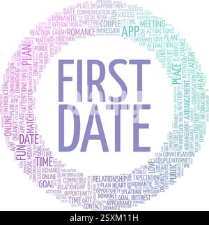 Illustrazione vettoriale della prima data, nuvola di parole isolata su sfondo bianco. Illustrazione Vettoriale