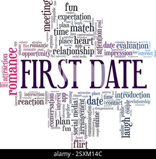 Illustrazione vettoriale della prima data, nuvola di parole isolata su sfondo bianco. Illustrazione Vettoriale