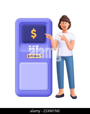 Donna Jane in piedi vicino al bancomat, che punta al bancomat con il simbolo del dollaro. Finanza, transazione di denaro, concetto di prelievo di contanti. concetto. persone vettoriali 3d. Illustrazione Vettoriale