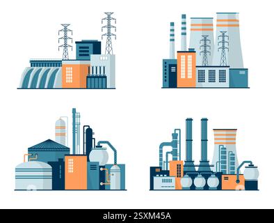 Tipi di generazione di centrali elettriche. Fabbriche dell'industria pesante, che generano elettricità Illustrazione Vettoriale