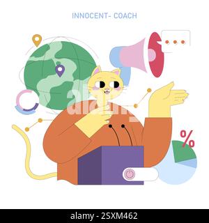 Concetto di Innocent Coach. Un personaggio bizzarro di gatto condivide le conoscenze attraverso una presentazione coinvolgente, sottolineando la guida e l'incoraggiamento alla crescita e allo sviluppo personali. L'illustrazione contiene vari elementi visivi, come un globo, grafici e bolle vocali, che indicano la comunicazione e la consapevolezza globale. Illustrazione vettoriale. Illustrazione Vettoriale