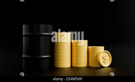 modello 3d di un barile di olio nero e una pila di monete d'oro su sfondo nero, denaro e olio, botte di petrolio Foto Stock