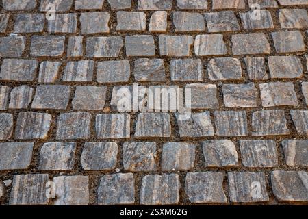 A Bucarest, le strade acciottolate creano un pittoresco percorso attraverso la città, che mostra la tradizionale architettura rumena e invitanti pedoni Foto Stock