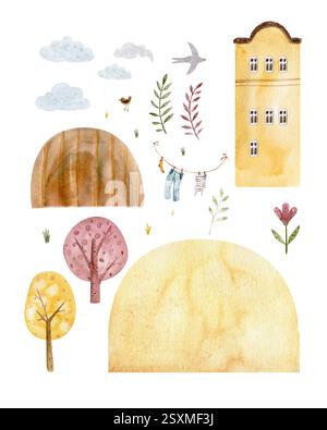 Acquerello con una casa accogliente, alberi, colline, nuvole, stelle, e una luna crescente. Stravagante e sognante, perfetto per biglietti, stampe, poster Foto Stock