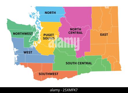 Stato di Washington, regioni del censimento, mappa politica multicolore. Otto regioni geografiche, utilizzate a fini statistici. Foto Stock