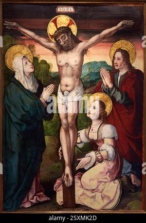 PALA D'ALTARE di SANTA CASILDA, Retablo se Santa Casilda, 1524, Crocifissione, León PICARDO, olio a bordo, Catedral de Santa María, Burgos, Spagna Foto Stock