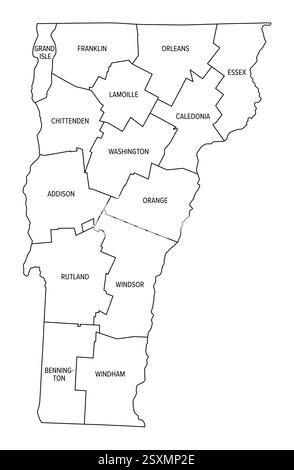 Lo stato del Vermont è suddiviso in 14 contee, delineando la mappa. Stato nella regione del New England degli Stati Uniti nordorientali. Foto Stock