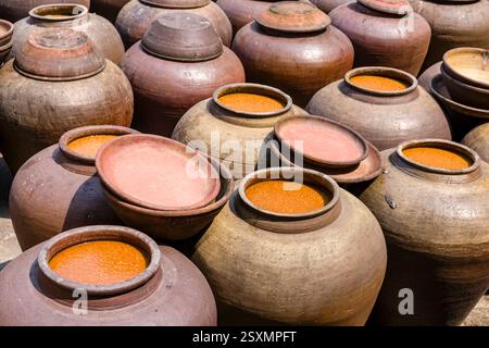 La salsa di soia viene preparata in grandi vasi di terracotta in un cortile nel piccolo villaggio di Bần Yên Nhân, alla periferia di Hanoi. Foto Stock