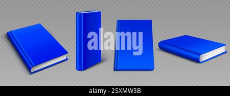 Set di mockup di libri con copertina rigida blu visualizzato da diverse angolazioni che mostrano la colonna vertebrale laterale, la vista frontale e la vista prospettica. Raccolta di modelli 3D con copertine vuote per la pubblicazione di presentazioni o progetti di branding. Illustrazione Vettoriale