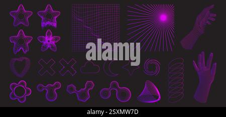 Elementi a reticolo Y2K con stelle sfumate viola e rosa al neon, griglia a rete, motivo Sunburst, forme organiche astratte, simboli a spirale. Contorni geometrici digitali per un design retrò futuristico. Illustrazione Vettoriale