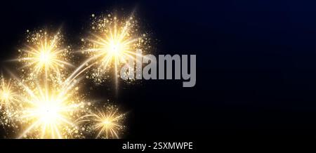 Luci dorate per fuochi d'artificio isolate su sfondo nero. Immagine vettoriale realistica di scintille gialle luminose nel cielo notturno, effetto esplosione di un firecracker, modello di cornice per banner o tessera natalizia Illustrazione Vettoriale
