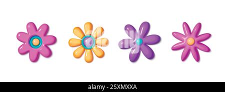 Elementi floreali 3D in stile Y2K con petali di fiori lucidi nei colori rosa, viola e giallo. Forme arrotondate e luminose su sfondo bianco per un design dall'estetica retrò. Fiorisce la plastica dei cartoni animati astratti. Illustrazione Vettoriale