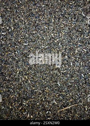 Primo piano di trucioli metallici con trama complessa e materiale metallico Foto Stock