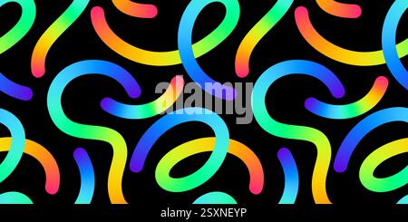 Design astratto con linee curve sfumate vibranti su sfondo nero a contrasto. Ripetizione senza giunture Illustrazione Vettoriale