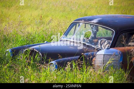 L'auto nera con un foro proiettile nel parabrezza è parcheggiata in un campo d'erba. L'auto sembra essere vecchia e arrugginita, e sembra essere stata abbandonata. Conc Foto Stock
