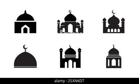 Set di sagome per moschea. Elegante icona di una moschea nera. Modello di progettazione per l'architettura islamica e temi religiosi. illustrazione vettoriale Illustrazione Vettoriale