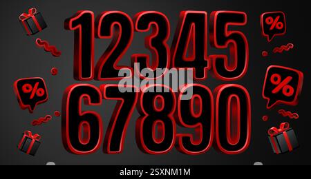 Numeri rossi del Black Friday, simboli volumetrici, set di numeri in vendita. Vettore Illustrazione Vettoriale