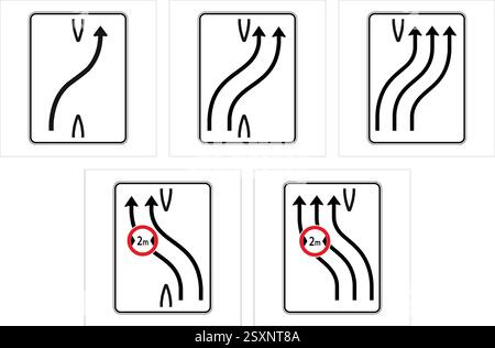 Serie di cartelli stradali normativi quadrati che illustrano le regole di convergenza, deviazione e sorpasso delle corsie, inclusi gli indicatori di distanza minima. Illustrazione Vettoriale