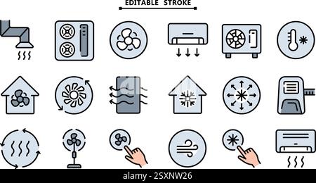 Set di icone vettoriali del sistema di ventilazione domestica. Traccia modificabile. Raccolta di icone colore ventilazione. Include condizionatore d'aria, essiccatore d'aria, condotto d'aria e raffreddamento Illustrazione Vettoriale