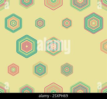 Modello esagonale ribaltabile. Elementi geometrici multicolori di varie dimensioni. Esagoni impilati arrotondati motivo a mosaico. Esagoni grandi. Design inclinabile. Illustrazione Vettoriale