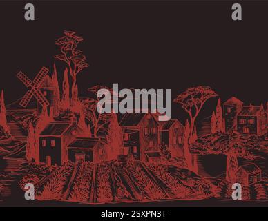 Confina con case medievali e mulino in stile Toile. Vettore. Illustrazione Vettoriale