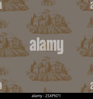 Motivo senza cuciture con case medievali e mulino in stile Toile. Vettore. Illustrazione Vettoriale