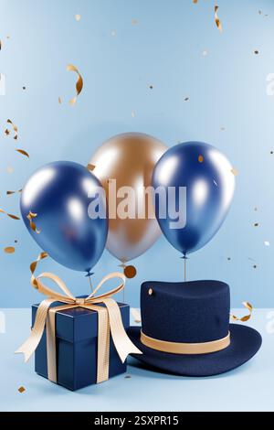Festeggia la festa del papà con palloncini blu e oro, una confezione regalo e un cappello su sfondo blu. rendering 3d. Foto Stock