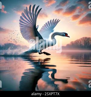 Grande cigno bianco che sorge sull'acqua di uno stagno. Foto Stock