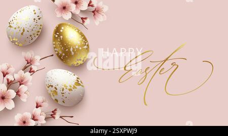 Elegante biglietto di auguri pasquale con uova decorate in oro e bianco e decorazioni primaverili in fiore di ciliegio Illustrazione Vettoriale