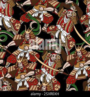 Motivo senza cuciture con samurai in stile grafico. Vettore. Illustrazione Vettoriale