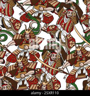 Motivo senza cuciture con samurai in stile grafico. Vettore. Illustrazione Vettoriale