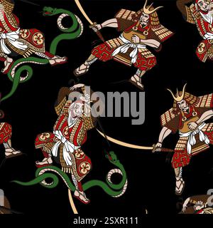 Motivo senza cuciture con samurai in stile grafico. Vettore. Illustrazione Vettoriale
