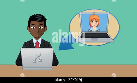 Conversazione online. Un uomo con una tuta si siede davanti a un notebook e sta conversando con una collega. Illustrazione Vettoriale