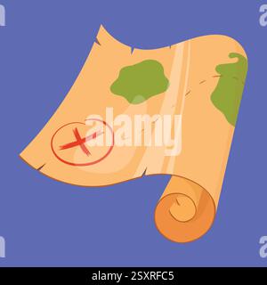 Vecchio vettore della mappa Treasure contrassegno rosso x croce. Icona della mappa del tesoro dei pirati. carta a scorrimento mappa Illustrazione Vettoriale