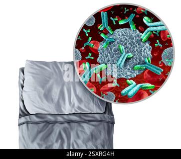 Sonno e sistema immunitario come globuli bianchi e linfociti immunoterapici con sangue come concetto di riposo restaurativo che aiuta l'immunologia con Foto Stock