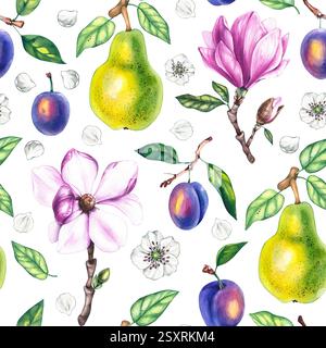 Acquerello botanico con piante frutti e fiori. Prugne, magnolia, pere per la progettazione di tessuti, tessuti, imballaggi e altri Foto Stock