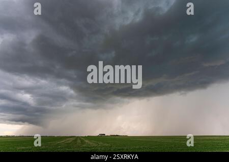 Spettacolari nuvole di tempesta che si formano su un campo verde, creando un'atmosfera inquietante Foto Stock