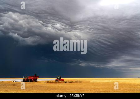 Trattori rossi e attrezzature agricole parcheggiate in un campo di grano raccolto con spettacolari nuvole di tempesta che si accumulano sopra la testa Foto Stock